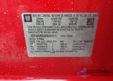 2015 GMC Sierra 1500 Sle из США, поврежденный, VIN 3GTU2UEC9FG282911